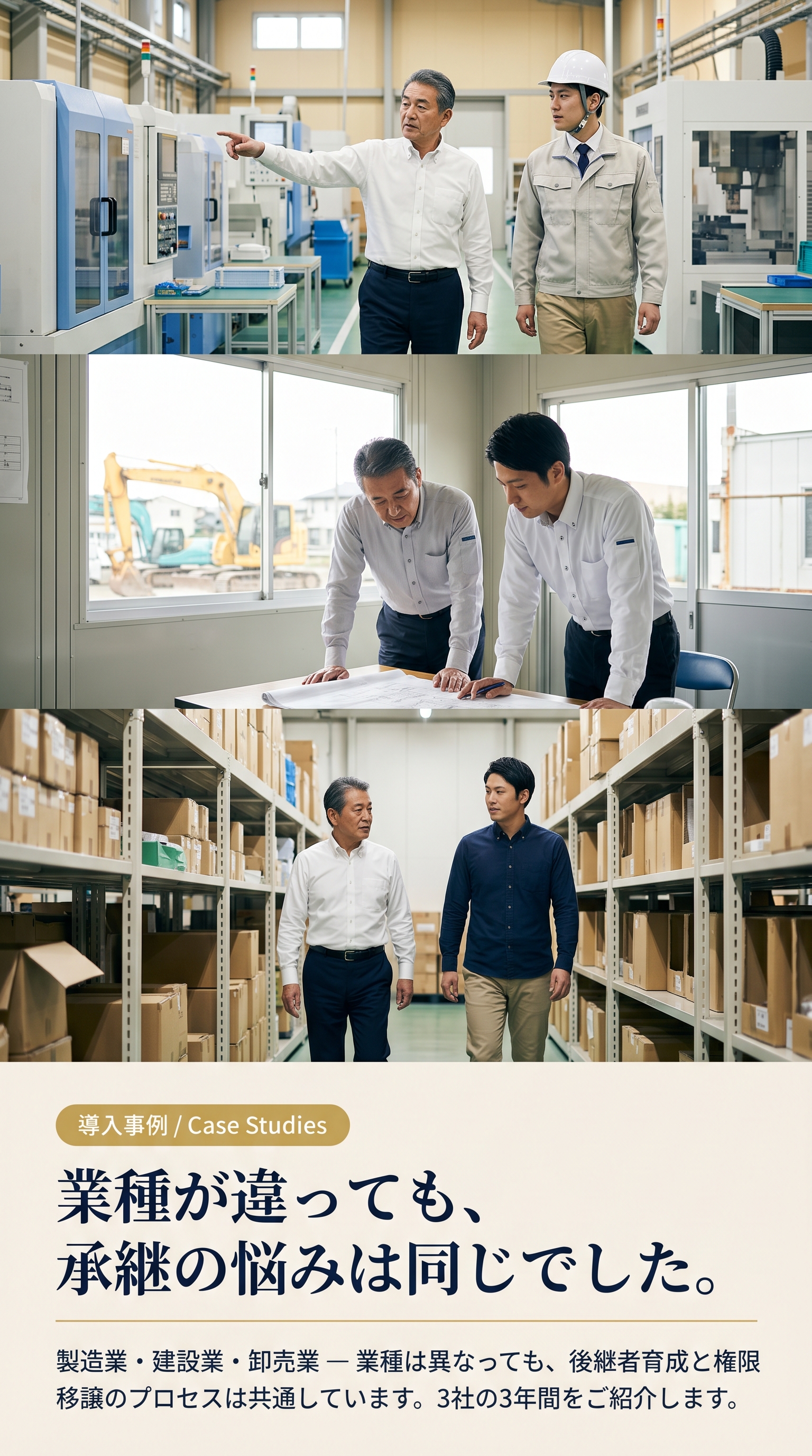 導入事例 / Case Studies。業種が違っても、承継の悩みは同じでした。製造業・建設業・卸売業 — 業種は異なっても、後継者育成と権限移譲のプロセスは共通しています。3社の3年間をご紹介します。