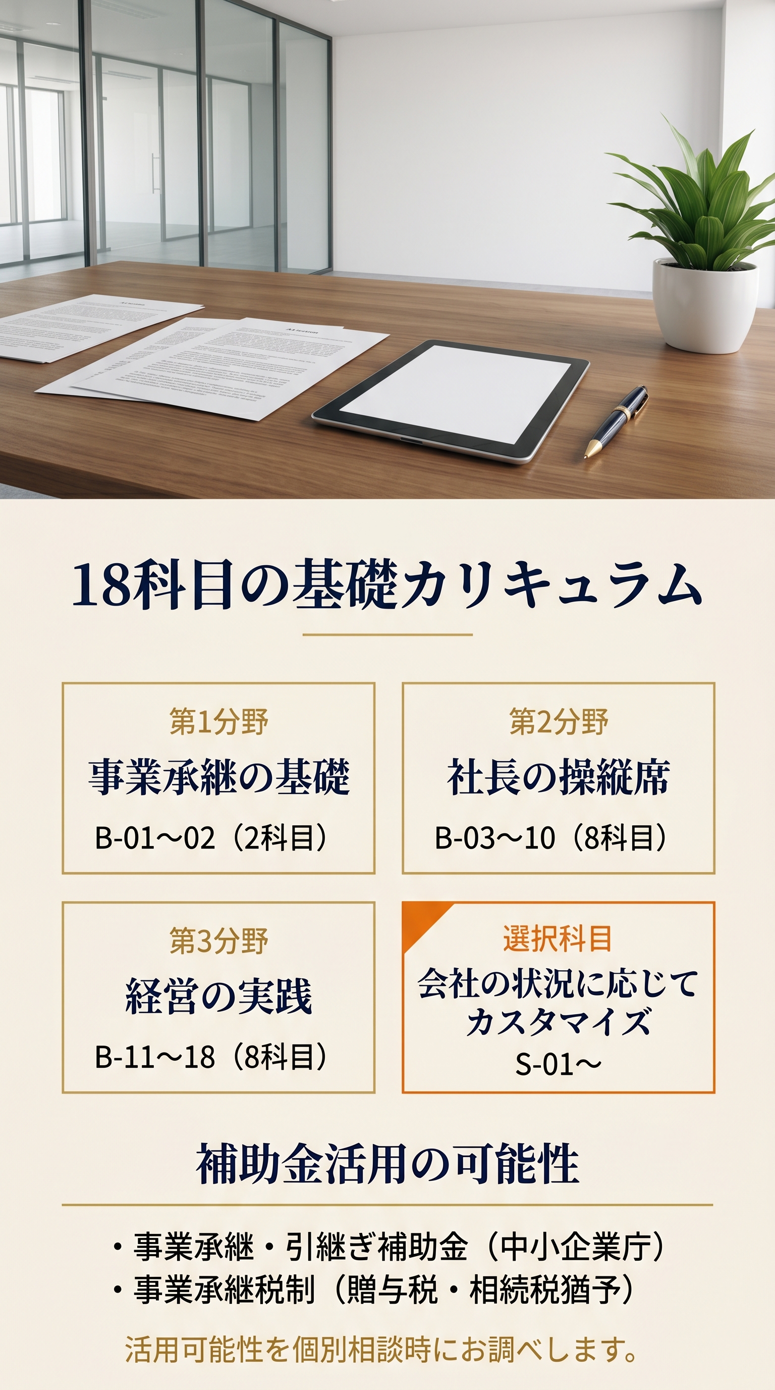 18科目の基礎カリキュラム：第1分野 事業承継の基礎 B-01〜02（2科目）／第2分野 社長の操縦席 B-03〜10（8科目）／第3分野 経営の実践 B-11〜18（8科目）／選択科目 会社の状況に応じてカスタマイズ S-01〜。補助金活用の可能性：事業承継・引継ぎ補助金（中小企業庁）／事業承継税制（贈与税・相続税猶予）。活用可能性を個別相談時にお調べします。