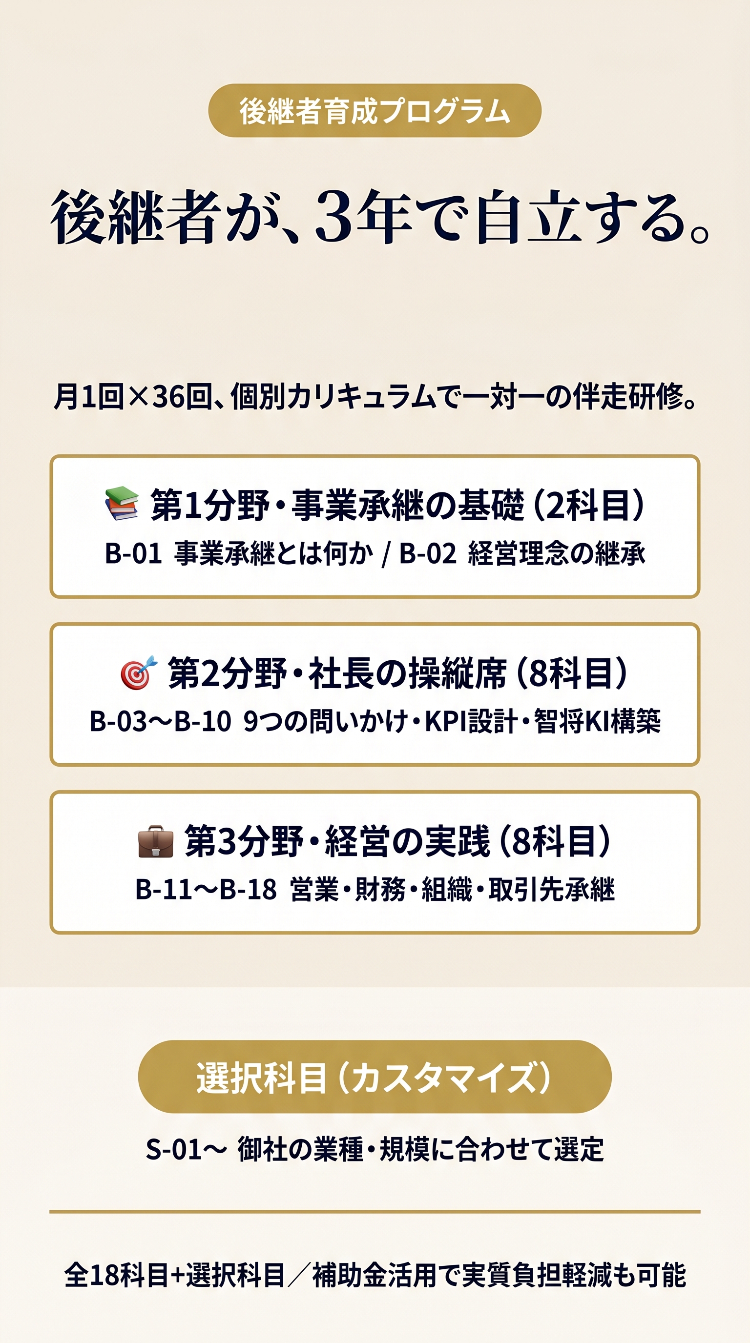 後継者育成プログラム。後継者が、3年で自立する。月1回×36回、個別カリキュラムで一対一の伴走研修。第1分野 事業承継の基礎（2科目）B-01 事業承継とは何か / B-02 経営理念の継承。第2分野 社長の操縦席（8科目）B-03〜B-10 9つの問いかけ・KPI設計・智将KI構築。第3分野 経営の実践（8科目）B-11〜B-18 営業・財務・組織・取引先承継。選択科目（カスタマイズ）S-01〜 御社の業種・規模に合わせて選定。全18科目+選択科目／補助金活用で実質負担軽減も可能。